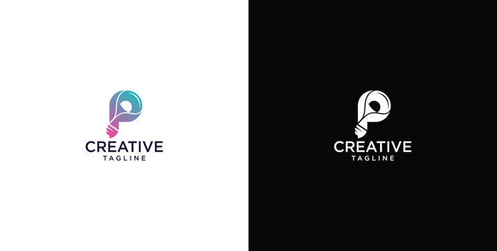 smart bulb tech logo design, creative idea, digital logo technology, initial logo design P
