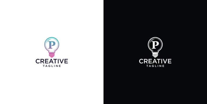 smart bulb tech logo design, creative idea, digital logo technology, initial logo design P