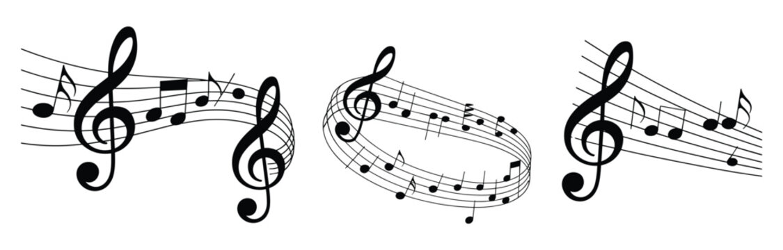 Black musical notes and treble clefs on curved staff lines isolated on a white background featuring three distinct melodic arrangements with flowing staves and various rhythmic notation symbols