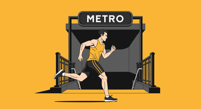 Energetic Athlete Sprinting Towards Metro Entrance in Vibrant Illustration Style