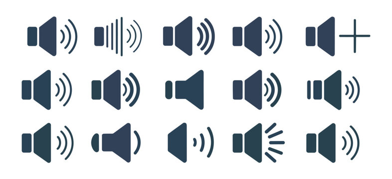 Set of dark grey speaker volume showing various sound levels and audio settings on a white background
