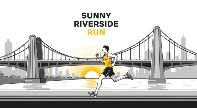 Energetic Runner Crossing A Bridge During A Beautiful Sunrise At The Riverside Trail