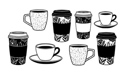 Obraz premium Coffee and tea collection hand drawn mugs and to go cups