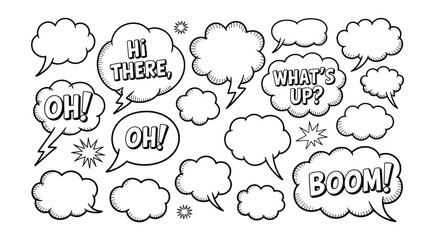 Obraz premium Collection of hand drawn comic speech bubbles with text expressions including hi there whats up oh and boom on a white background