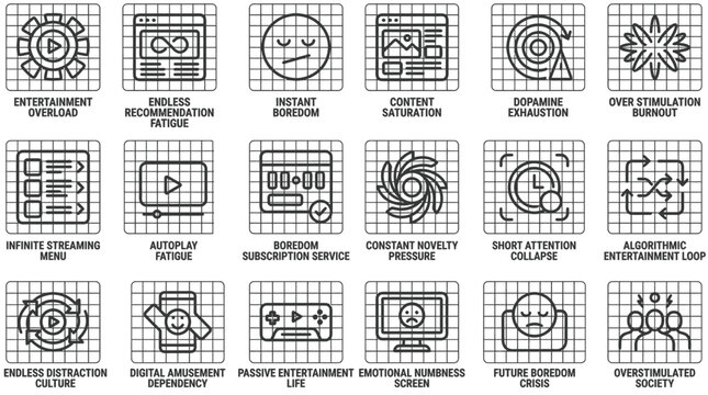 Mental health consequences of digital overstimulation and endless media consumption icon set vector.