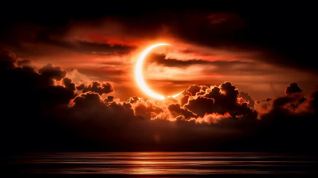 Eclipse, fantasy, mysterious, supernatural. A vivid depiction of a celestial scene, likely during a solar eclipse. A crescent moon is the main subject, surrounded by fiery orange and red clouds.