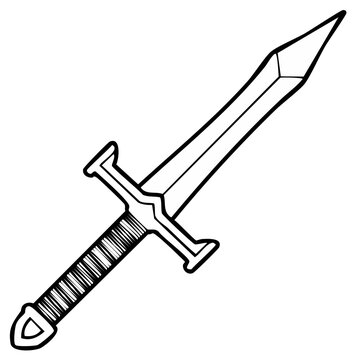 Stylized medieval sword with sharp blade and textured handle drawn with clean black outlines