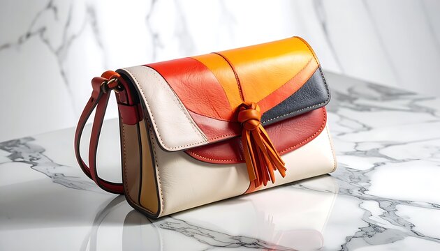 Patchwork crossbody bag with tassel and leather details, colorful geometric design, studio shot on marble surface, elegant fashion accessory, versatile for day or evening