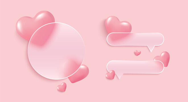 Love Message Template with Transparent Chat Bubbles and Glossy Valentine Hearts.