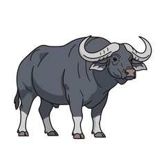 Fototapeta premium A cartoon illustration of a large gray bull with curved white horns standing on a plain background