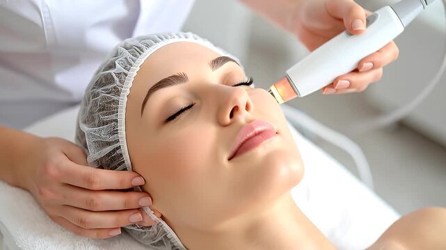 Woman receiving facial skincare treatment in spa clinic with professional device and relaxed wellness atmosphere