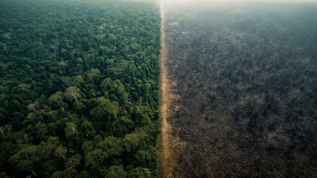 Stark aerial view reveals shocking contrast, clear division separating vibrant green forest from barren, deforested land. Environmental impact and global climate change bring significant concern
