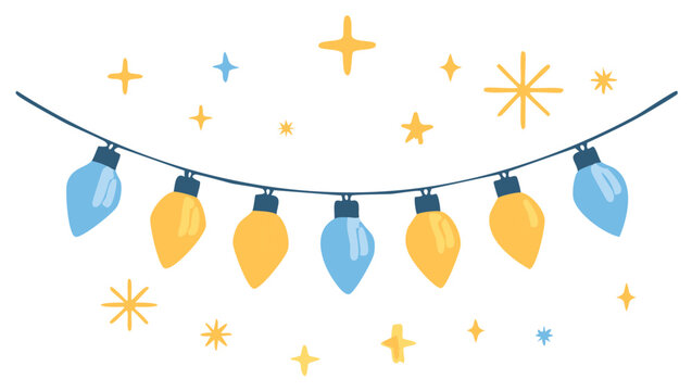 Festive holiday string lights with yellow and blue bulbs and stars decoration