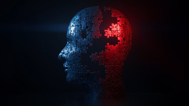 Conceptual art showing human head with cognitive dissonance. Digital rendering highlights split color, blue and red, representing mental conflict and emotional stress. Abstract concept of duality