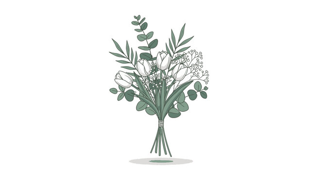 Elegant Hand-Drawn Bouquet of White Tulips and Eucalyptus Leaves, Vector Illustration