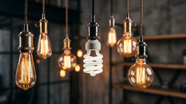Modern white spiral bulb among vintage Edison lamps, concept of innovation, standing out from crowd and new ideas in dark industrial style loft room.