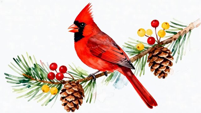 Red bird perched on branch with berries and pinecone