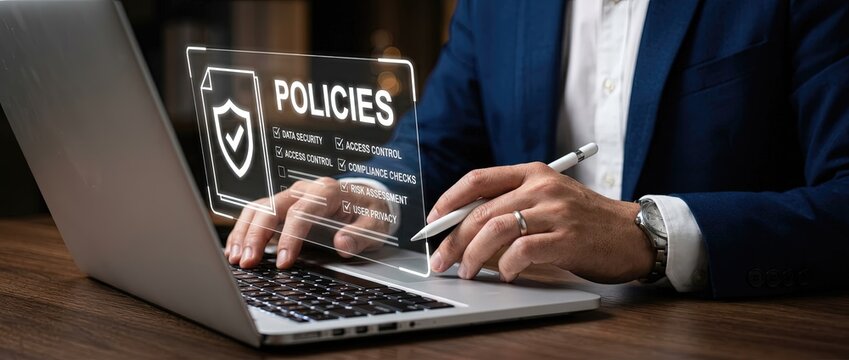Business policies update office environment digital document review modern workplace close-up view compliance and security awareness