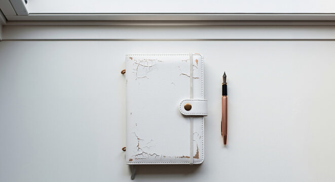 A well-used white personal organizer and a rose gold fountain pen resting on a bright white surface 