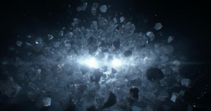 Asteroid cluster floating dark cosmic space with reflective geometric shapes and debris creating mysterious futuristic galaxy universe rock meteor orbit celestial vacuum energy sphere dust explosion
