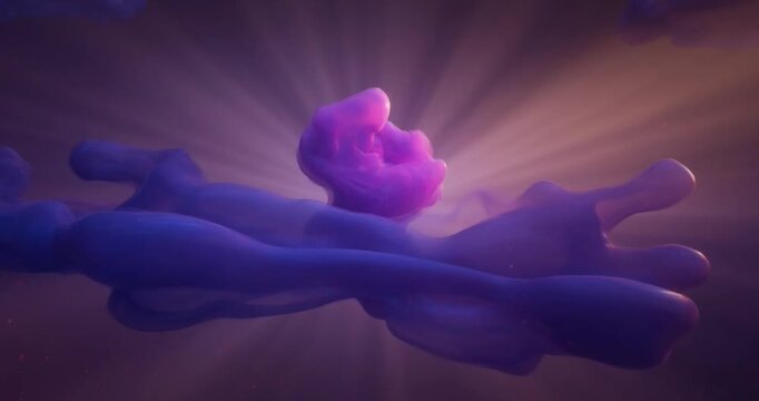 Purple smoke cloud with light rays shining through soft, flowing shapes and ethereal, mystical atmosphere combined with abstract purple and blue liquid splash, vibrant colorful paint drop