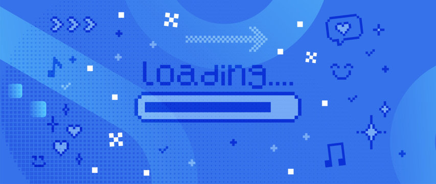 Pixel loading UI background in retro 8-bit style with decorative elements on clean blue gradient. Interface screen for apps, onboarding flows, dashboards, digital product design