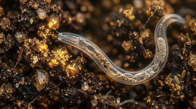 Extreme close up microscope view of a transparent nematode worm moving through soil with glowing bacteria and microbes in a scientific laboratory setting