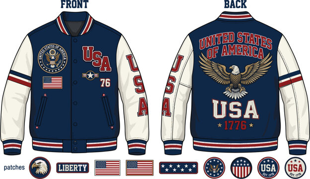 Custom USA Varsity Jacket Design with Bald Eagle Mascot, American Flag Patches, and Liberty Theme for Souvenir Apparel, Streetwear Fashion, and Athletic Team Clothing Templates
