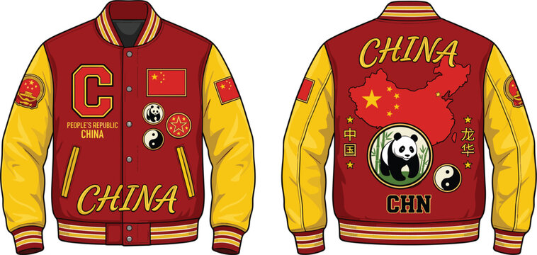 Custom China Varsity Jacket Design with Panda Mascot, National Flag Patches, and Map Illustration for Souvenir Apparel, Streetwear Fashion, and Athletic Team Clothing Templates