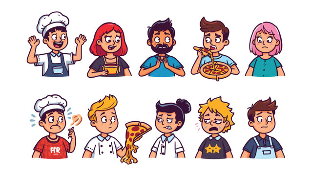 Culinary Chronicles: A vibrant collection of animated characters embodies the multifaceted experience of enjoying pizza, from the thrill of preparation to the satisfaction of the first bite.