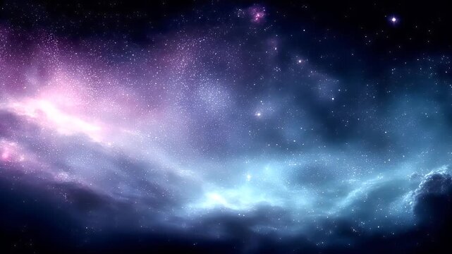 Space universe exploration, fantasy, mysterious. A vivid and detailed depiction of a cosmic scene. The main subject is a vast expanse of stars and nebulae, dominated by deep purples, blues, and pinks.