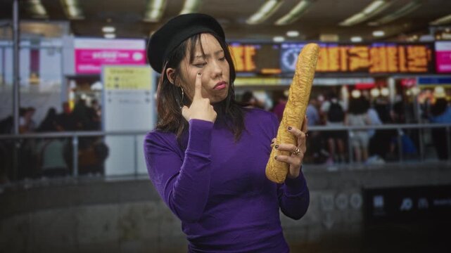Young chinese woman holding baguette points finger to cheek in crowded airport terminal; quirky curiosity.