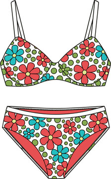 Two Piece Bikini Set with Floral Pattern Design and Polka Dot Details for Summer Swimwear Fashion, Beach Apparel Marketing, and Women Underwear Technical Sketches