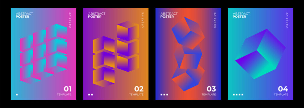 Abstract Posters Collection. 3d cube shapes. Bright color gradients. Templates for creative graphic design. Vector illustration.