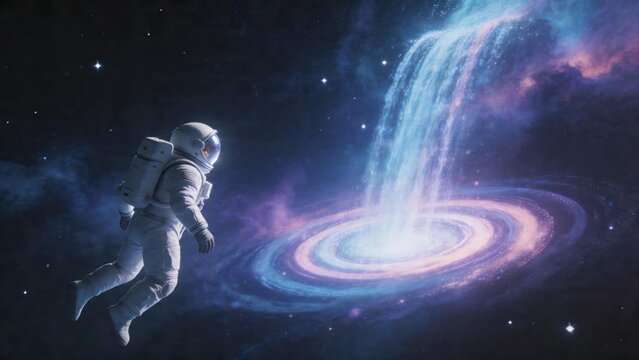 Astronaut floating in space near a galaxy waterfall