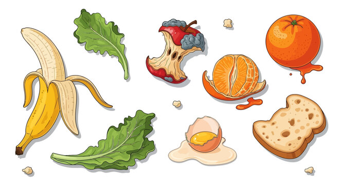 Spoiled Food Collection: Banana, Apple Core, Orange, Egg, Bread, Lettuce