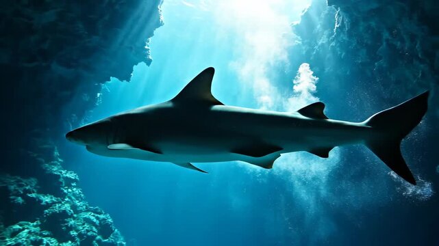 Shark Swimming Gracefully Through Sunlit Underwater Cave With Light Rays