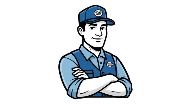 Friendly Mechanic Man with Crossed Arms, Blue Uniform and Cap