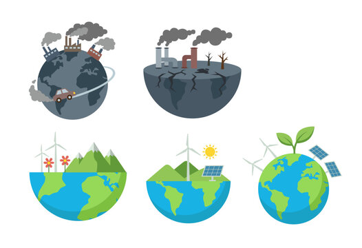 Planet Environment Illustration Set, Polluted Earth and Industrial Emission Climate Collection