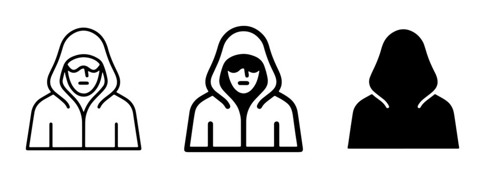 Hooded Figure Icons, Anonymous Person Silhouette, Hacker Symbol, Mysterious Identity Vector Set
