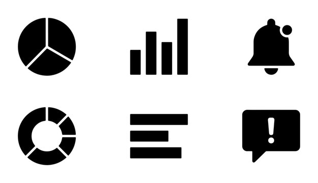 Modern Black UI Icons Set: Pie Chart, Bar Graph, Notification Bell, Donut Chart, Text Alignment, Alert Message, Business Analytics & Data Visualization Symbols