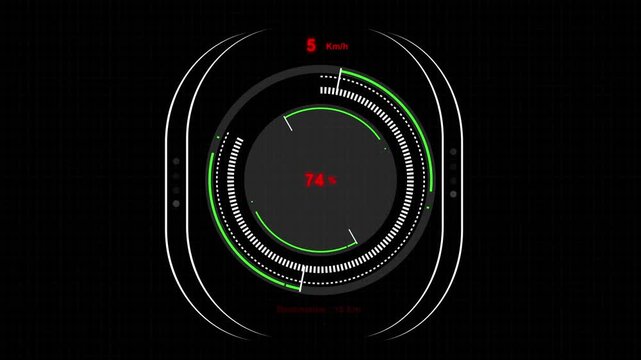 Hud display animation with digital speedometer. Hud display futuristic navigation data. Hud display technology interface graphic on black.
