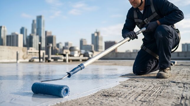 Industrial contractor using a paint roller to apply waterproof sealant on a commercial building roof with a skyscraper skyline background view