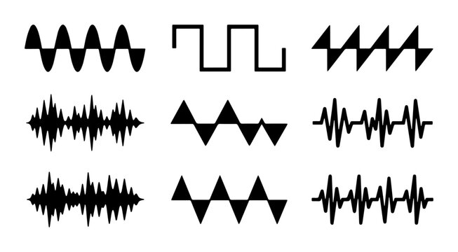 Diverse Sound Waveforms Collection, Audio Signal Patterns Set, Electronic Waveforms Vector Graphics, Music Waveform Icons, Digital Sound Representation