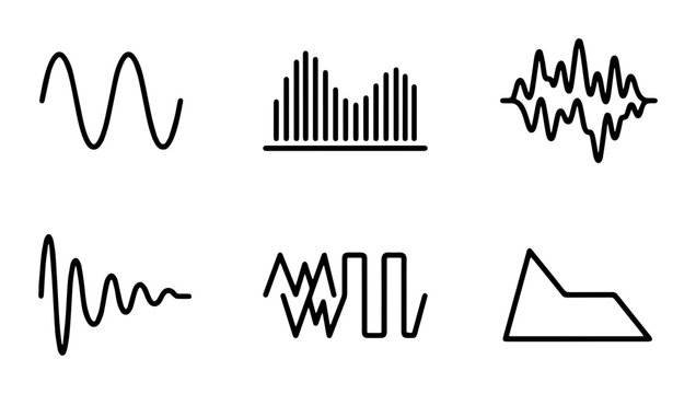 Diverse Sound Waveforms, Audio Signal Icons, Music Waveform Graphics, Sound Frequency Visuals, Abstract Audio Patterns, Vector Sound Waves