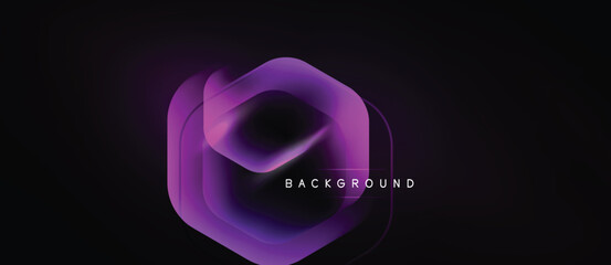 Dark backdrop features vibrant purple hexagon shape. Layers create depth, modern aesthetic. Text reads BACKGROUND. Simple, striking visual. © antishock