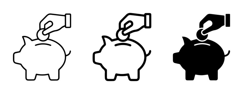 Piggy Bank Icons: Hand Inserting Coin, Saving Money, Financial Growth, Investment, Wealth Accumulation, Vector Set