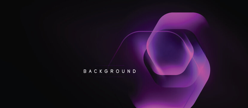 Dark background features layered purple hexagons. Gradient effects create depth, modern aesthetic. Text reads background. Minimalist design.