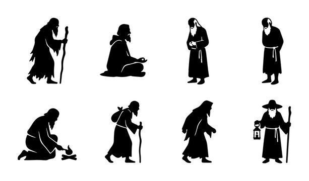 Monk Silhouettes Collection: Ascetic Figures, Spiritual Poses, Religious Life, Ancient Wisdom, Meditation, Prayer, Solitude, Pilgrimage, Black and White Vector Icons