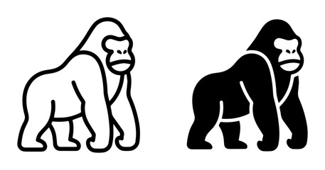 Obraz premium Gorilla Icon Set, Primate Silhouette and Outline, Wild Animal Vector Graphics, Bold Mammal Illustration for Nature and Zoo Themes
